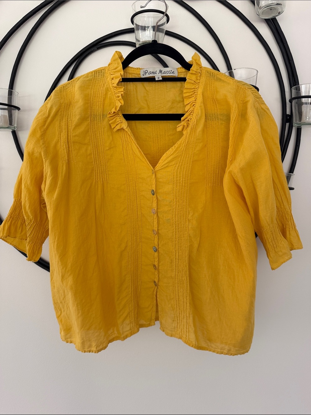JP and Mattie Mustard Ruffle V-Neck Button Blouse